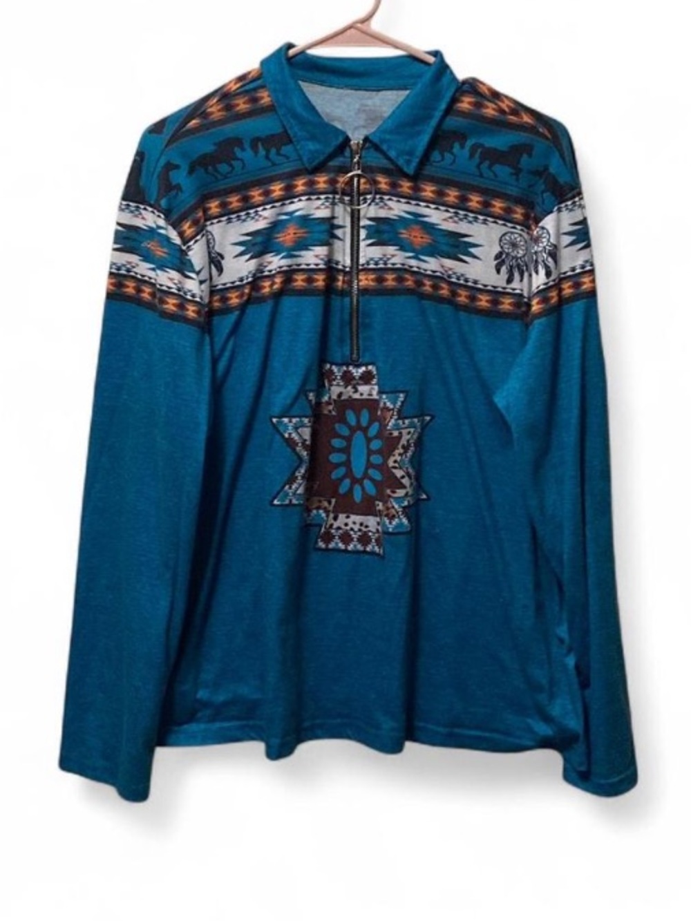 Men's Teal Aztec Zip-Neck Sweater